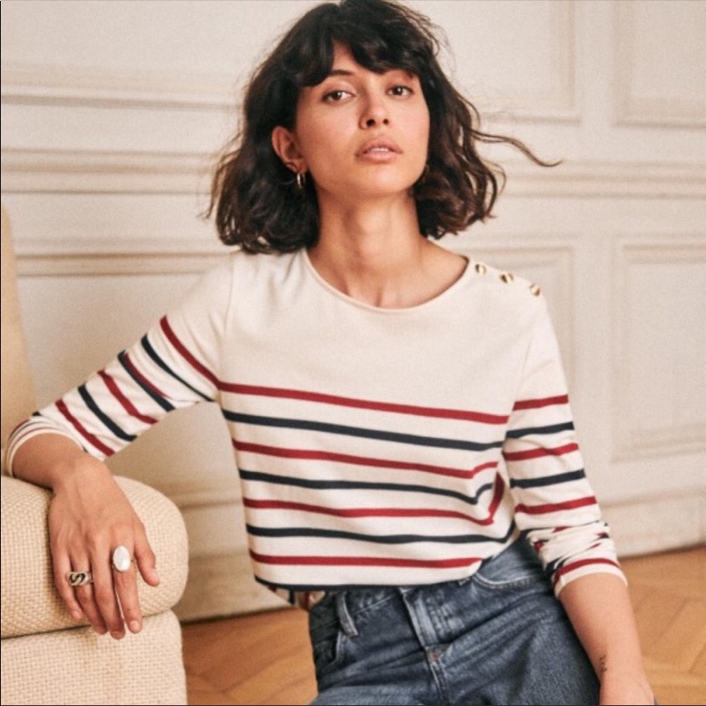 Sezane Colette Mariniere top with red and blue stripes. Made in Portugal.